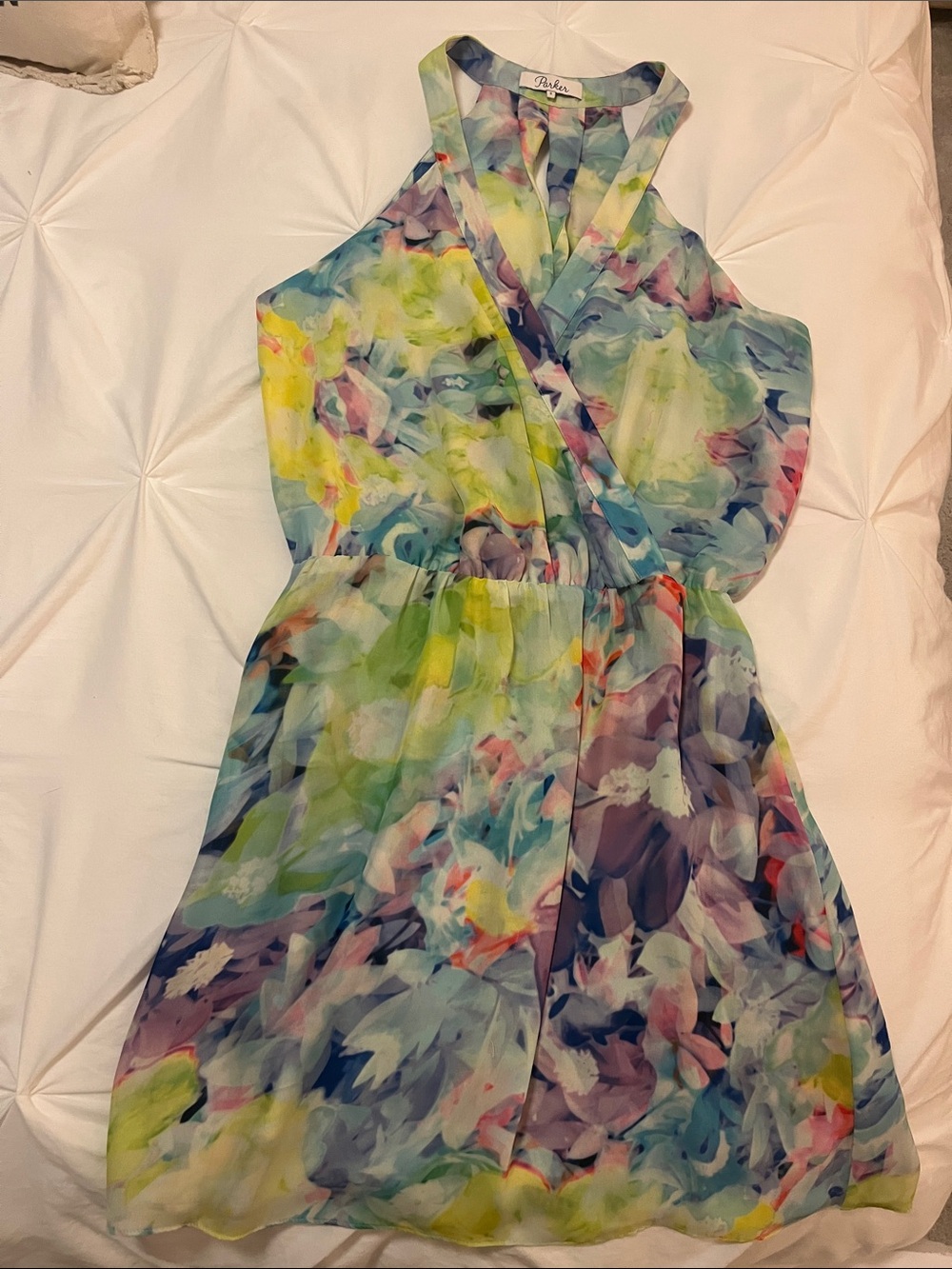 Parker Pastel Watercolor Halter Dress in Blue, Pink, Green and Purple Small